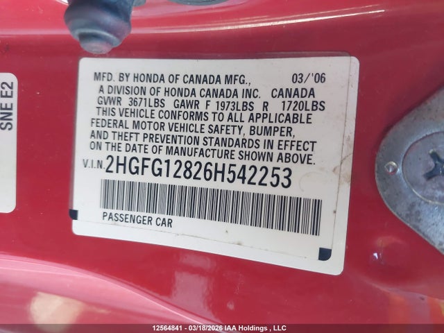 Aukcja sprzedaży 2006 Honda Civic Ex, vin: 2HGFG12826H542253, numer aukcji: 12564841