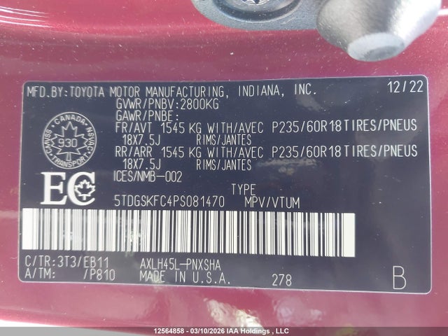 5TDGSKFC4PS081470 Toyota Sienna Le/xse/limited/platinum/xse 25th Anniversary