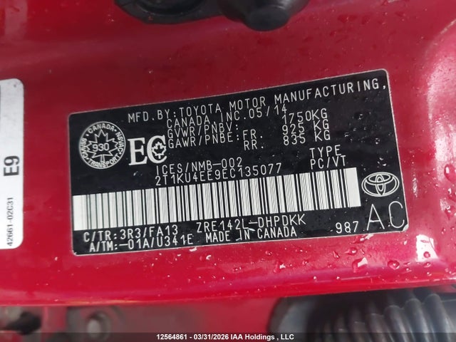 12564861 :رقم المزاد ، 2T1KU4EE9EC135077 vin ، 2014 Toyota Matrix مزاد بيع