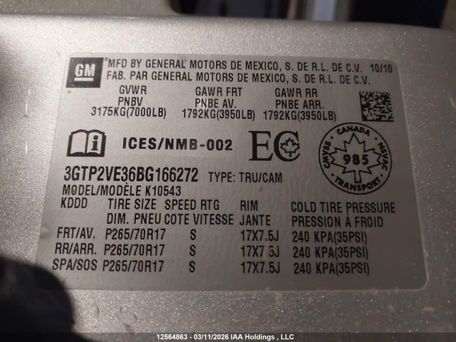 Aukcja sprzedaży 2011 Gmc Sierra 1500 Sle, vin: 3GTP2VE36BG166272, numer aukcji: 12564863