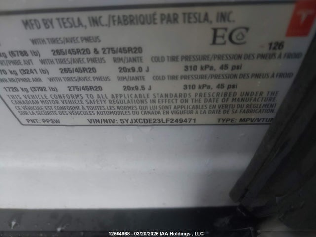 2020 Tesla Model X მანქანა იყიდება აუქციონზე, vin: 5YJXCDE23LF249471, აუქციონის ნომერი: 12564868