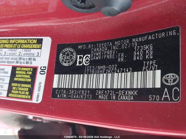 12564870 :رقم المزاد ، 2T1BURHE2KC247143 vin ، 2019 Toyota Corolla مزاد بيع