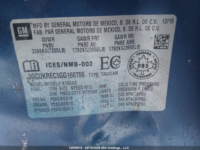 3GCUKREC3GG168756 Chevrolet Silverado 1500 2lt