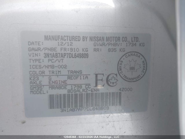 2013 Nissan Sentra 1.8 S/1.8 Sv მანქანა იყიდება აუქციონზე, vin: 3N1AB7AP7DL649809, აუქციონის ნომერი: 12545368