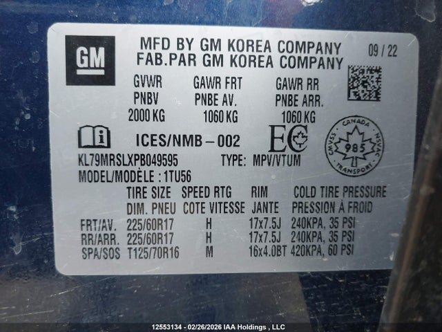 KL79MRSLXPB049595 Chevrolet Trailblazer Lt