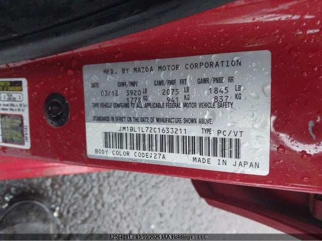 Aukcja sprzedaży 2012 Mazda 3 Mazda, vin: JM1BL1L72C1633211, numer aukcji: 12564891