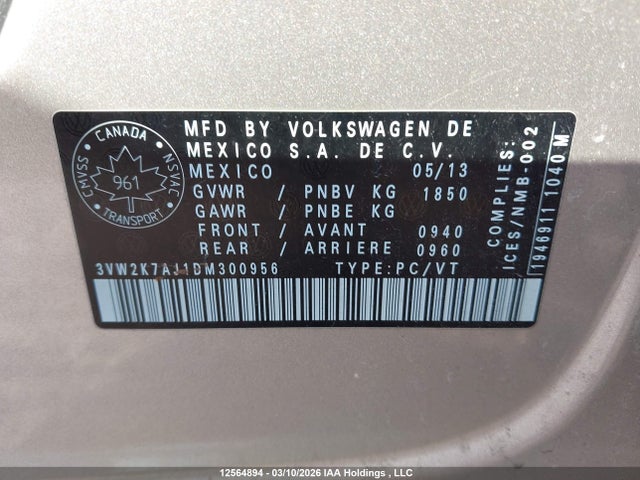 12564894 :رقم المزاد ، 3VW2K7AJ1DM300956 vin ، 2013 Volkswagen Jetta S مزاد بيع