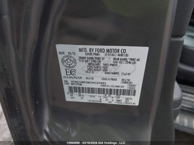 2012 Ford Escape Limited მანქანა იყიდება აუქციონზე, vin: 1FMCU9EG6CKC21053, აუქციონის ნომერი: 12564896