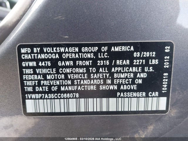 Продажа на аукционе авто 2012 Volkswagen Passat 2.5l Se, vin: 1VWBP7A35CC066078, номер лота: 12564905