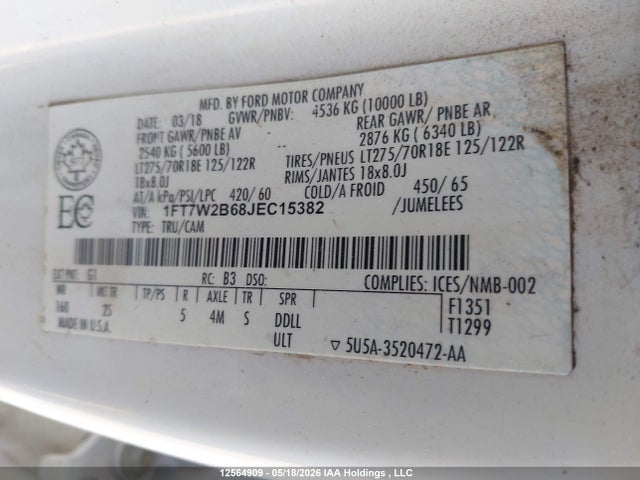 Продажа на аукционе авто 2018 Ford F250 Super Duty, vin: 1FT7W2B68JEC15382, номер лота: 12564909