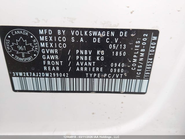 2013 Volkswagen Jetta Sedan მანქანა იყიდება აუქციონზე, vin: 3VW2K7AJ2DM299042, აუქციონის ნომერი: 12564918