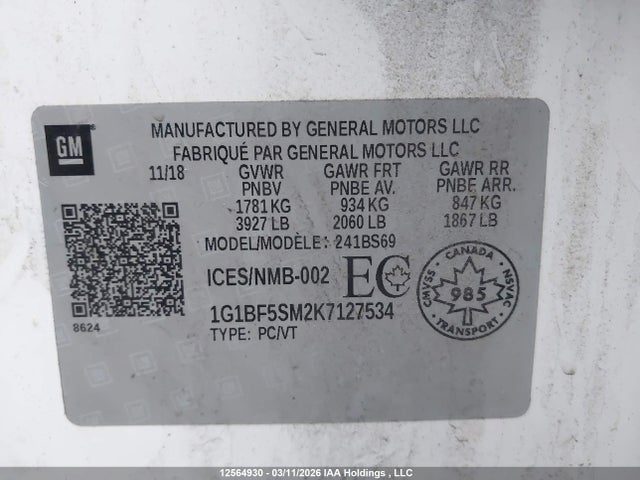 Aukcja sprzedaży 2019 Chevrolet Cruze Premier, vin: 1G1BF5SM2K7127534, numer aukcji: 12564930
