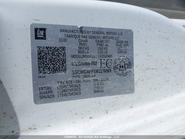 2021 Chevrolet Express G2500 მანქანა იყიდება აუქციონზე, vin: 1GCWGAFP1M1176569, აუქციონის ნომერი: 12564938