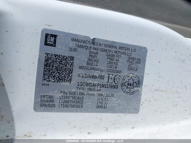 2021 Chevrolet Express G2500 მანქანა იყიდება აუქციონზე, vin: 1GCWGAFP1M1176569, აუქციონის ნომერი: 12564938