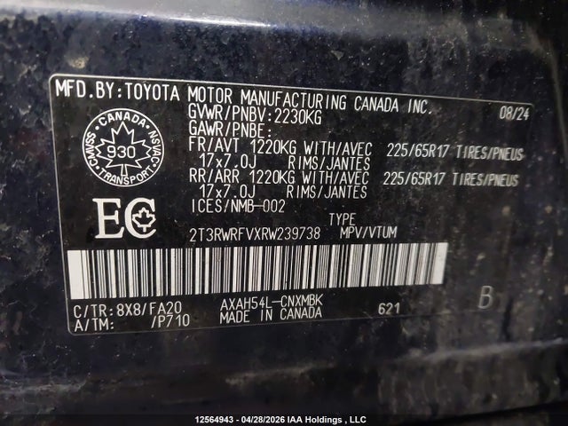 12564943 :رقم المزاد ، 2T3RWRFVXRW239738 vin ، 2024 Toyota Rav4 Hybrid Xle مزاد بيع
