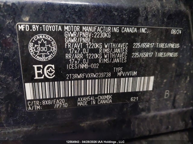 12564943 :رقم المزاد ، 2T3RWRFVXRW239738 vin ، 2024 Toyota Rav4 Hybrid Xle مزاد بيع