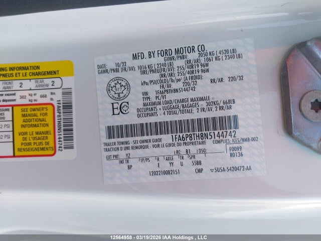 Aukcja sprzedaży 2022 Ford Mustang Ecoboost Premium, vin: 1FA6P8TH8N5144742, numer aukcji: 12564958