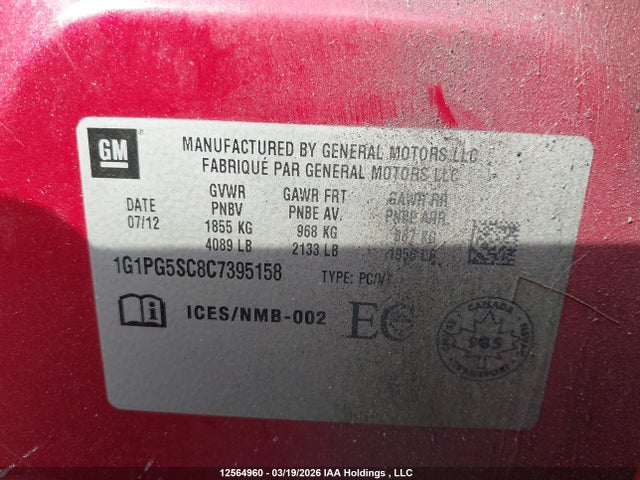 Aukcja sprzedaży 2012 Chevrolet Cruze, vin: 1G1PG5SC8C7395158, numer aukcji: 12564960