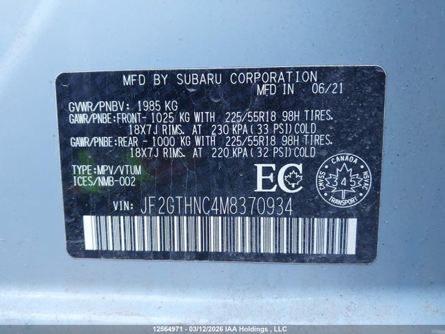12564971 :رقم المزاد ، JF2GTHNC4M8370934 vin ، 2021 Subaru Crosstrek Limited مزاد بيع