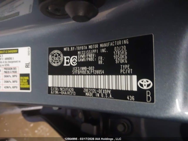 Aukcja sprzedaży 2020 Toyota Corolla Le, vin: 5YFBPRBE9LP128054, numer aukcji: 12564995