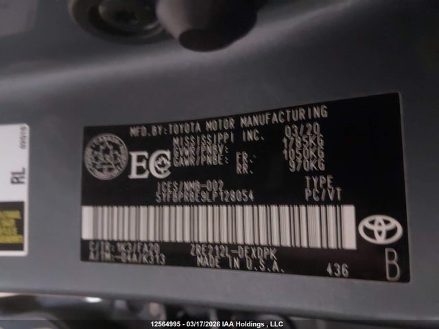 Aukcja sprzedaży 2020 Toyota Corolla Le, vin: 5YFBPRBE9LP128054, numer aukcji: 12564995