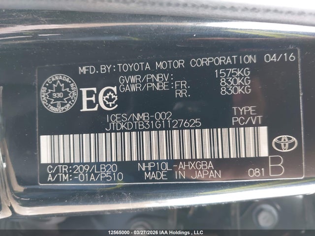 JTDKDTB31G1127625 Toyota PRIUS C