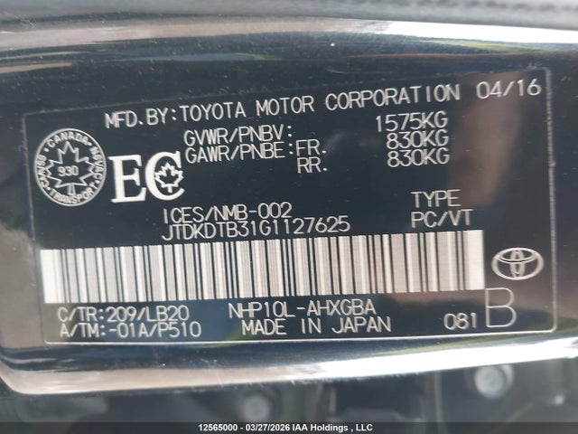 JTDKDTB31G1127625 Toyota PRIUS C