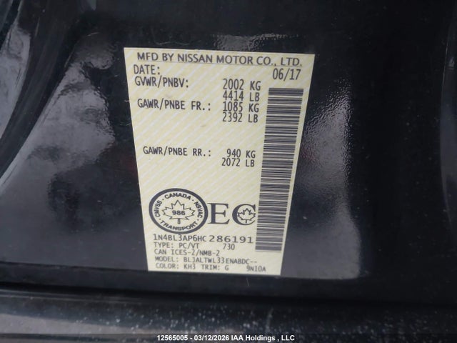 12565005 :رقم المزاد ، 1N4BL3AP6HC286191 vin ، 2017 Nissan Altima 3.5 Sl مزاد بيع