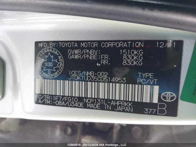 Aukcja sprzedaży 2012 Toyota Yaris, vin: JTDKTUD35CD514953, numer aukcji: 12565015