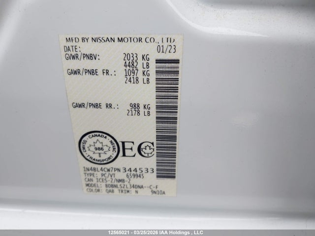 Продажа на аукционе авто 2023 Nissan Altima Sr, vin: 1N4BL4CW7PN344533, номер лота: 12565021