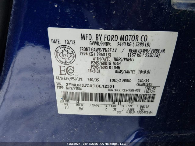 Aukcja sprzedaży 2013 Ford Edge Sel, vin: 2FMDK3JC0DBE12361, numer aukcji: 12565027