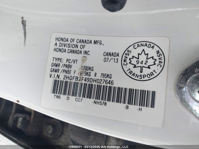 Продаж на аукціоні авто 2013 Honda Civic Lx, vin: 2HGFB2F49DH027646, номер лоту: 12565031