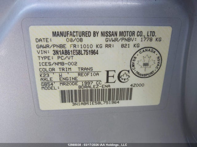 2008 Nissan Sentra 2.0/2.0s/2.0sl მანქანა იყიდება აუქციონზე, vin: 3N1AB61E58L751964, აუქციონის ნომერი: 12565038