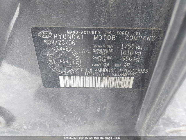 Продажа на аукционе авто 2007 Hyundai Elantra Gl/gls, vin: KMHDU45D97U090935, номер лота: 12565042