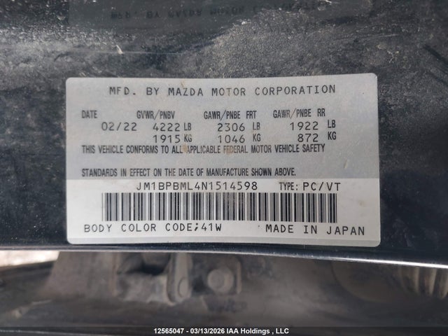 Aukcja sprzedaży 2022 Mazda Mazda3 Gt, vin: JM1BPBML4N1514598, numer aukcji: 12565047