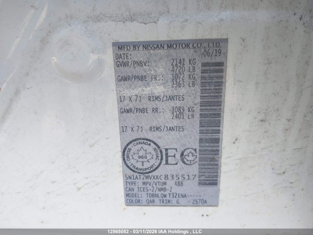 Продаж на аукціоні авто 2019 Nissan Rogue S/sl/sv, vin: 5N1AT2MVXKC835517, номер лоту: 12565052