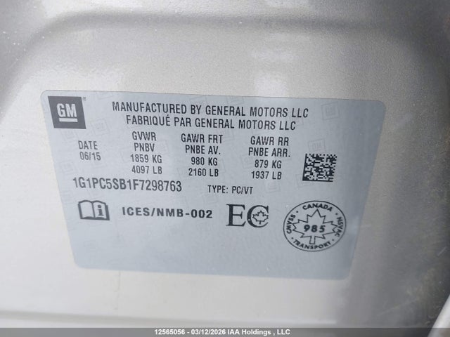Продажа на аукционе авто 2015 Chevrolet Cruze 1lt, vin: 1G1PC5SB1F7298763, номер лота: 12565056