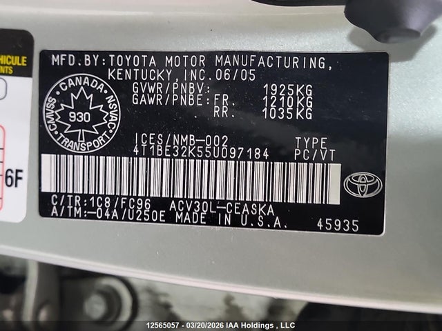 Продажа на аукционе авто 2005 Toyota Camry Le/xle/se, vin: 4T1BE32K55U097184, номер лота: 12565057