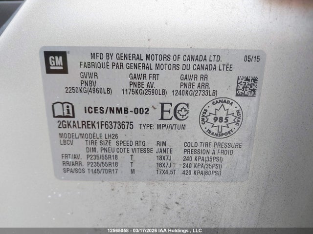 12565058 :رقم المزاد ، 2GKALREK1F6373675 vin ، 2015 Gmc Terrain Sle-2 مزاد بيع