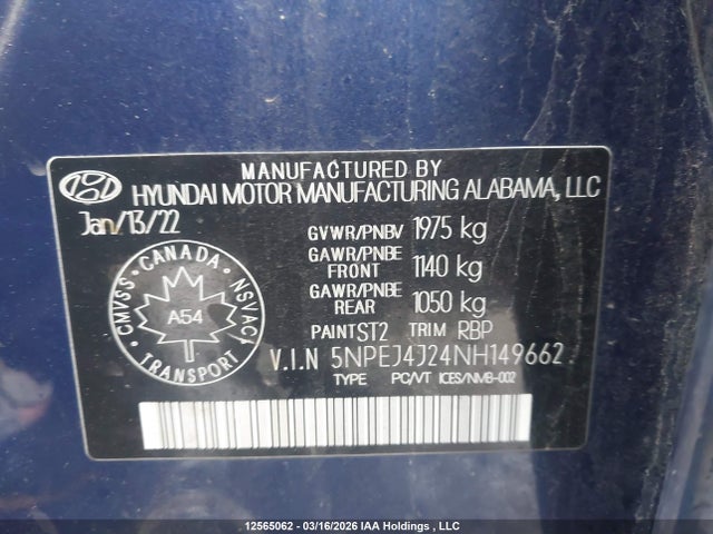 5NPEJ4J24NH149662 Hyundai Sonata
