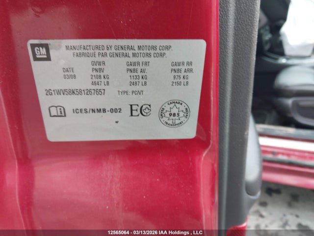 Продажа на аукционе авто 2008 Chevrolet Impala Lt, vin: 2G1WV58K581267657, номер лота: 12565064