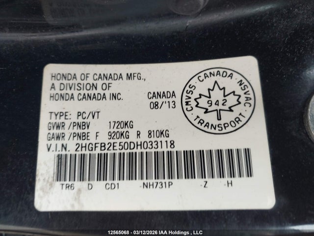 Продаж на аукціоні авто 2013 Honda Civic Lx, vin: 2HGFB2E50DH033118, номер лоту: 12565068