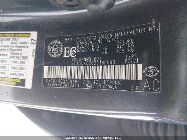 2009 Toyota Corolla S/le/xle მანქანა იყიდება აუქციონზე, vin: 2T1BU40E69C185089, აუქციონის ნომერი: 12565071