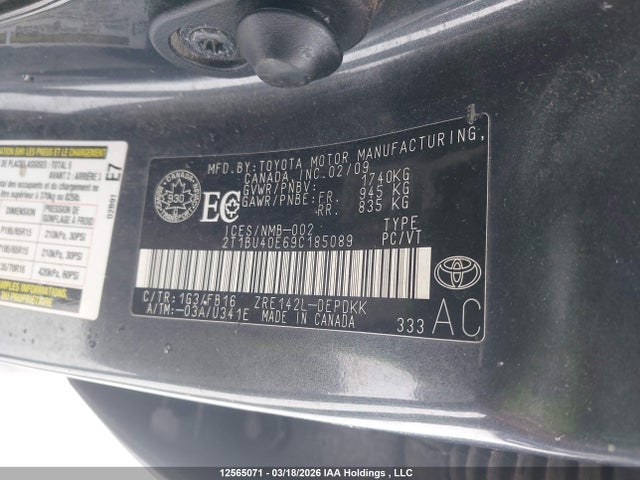 2009 Toyota Corolla S/le/xle მანქანა იყიდება აუქციონზე, vin: 2T1BU40E69C185089, აუქციონის ნომერი: 12565071