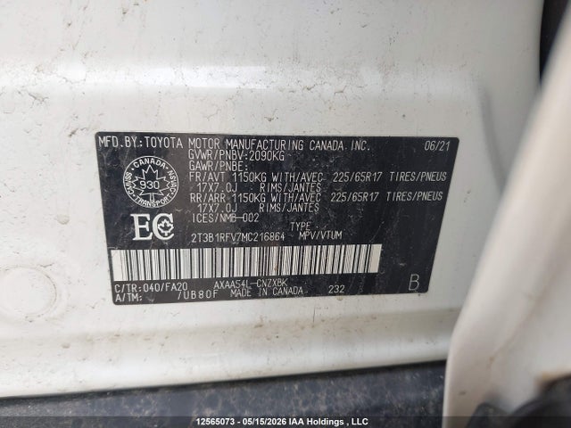 12565073 :رقم المزاد ، 2T3B1RFV7MC216864 vin ، 2021 Toyota Rav4 Le مزاد بيع