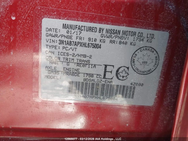 3N1AB7APXHL675004 Nissan Sentra 1.8 S/1.8 Sl/1.8 Sv