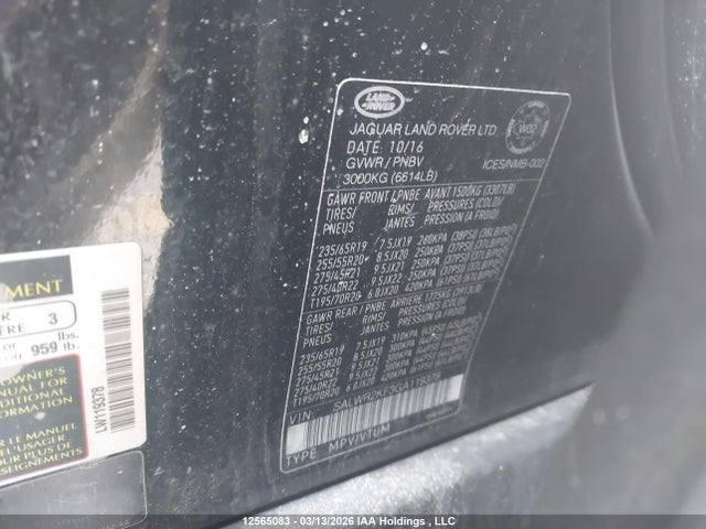 Aukcja sprzedaży 2016 Land Rover Range Rover Sport Diesel Td6 Hse, vin: SALWR2KF3GA119378, numer aukcji: 12565083