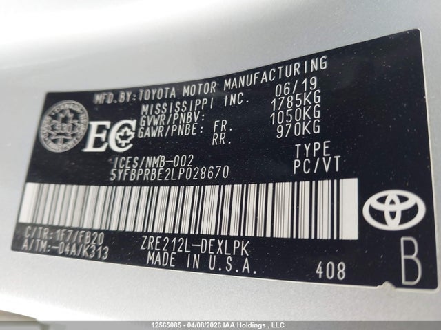 12565085 :رقم المزاد ، 5YFBPRBE2LP028670 vin ، 2020 Toyota Corolla Le مزاد بيع