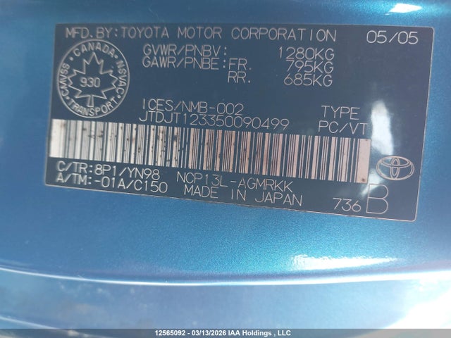 Aukcja sprzedaży 2005 Toyota Echo, vin: JTDJT123350090499, numer aukcji: 12565092