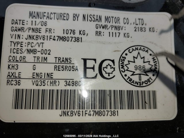 Aukcja sprzedaży 2007 Infiniti G35, vin: JNKBV61F47M807381, numer aukcji: 12565095